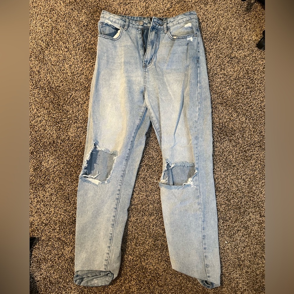 Missguided Blue Straight Leg Jeans with Distressed Details